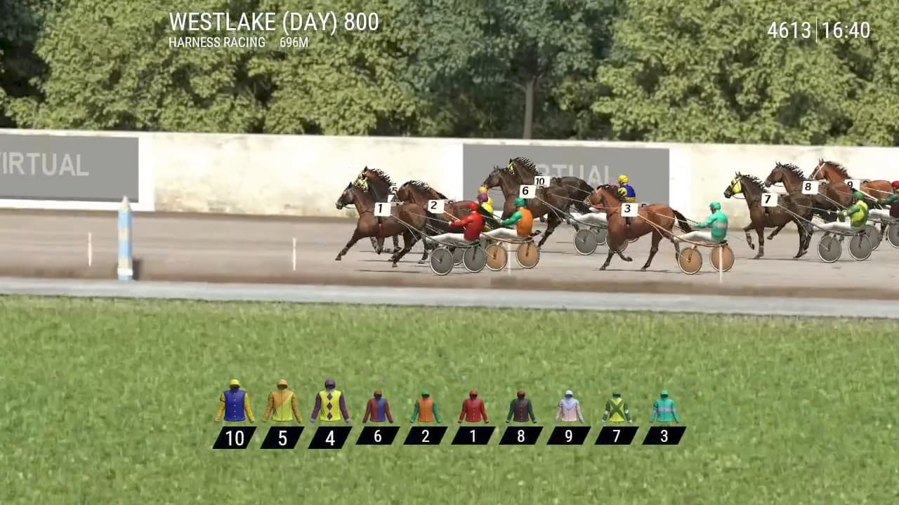 Harness Racing: horses pulling sulkies down the track, with the driver silks and numbers listed below.