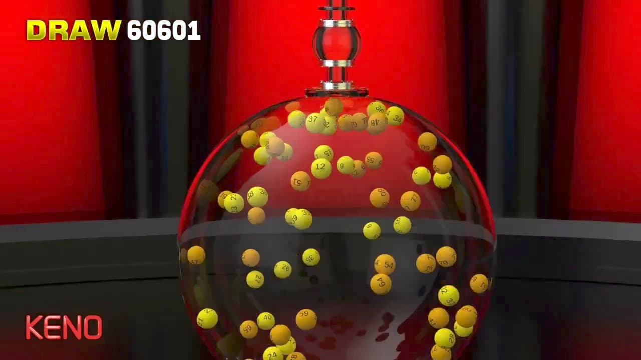 Keno: numbered balls turning inside a glass draw machine, with the draw number in the corner.