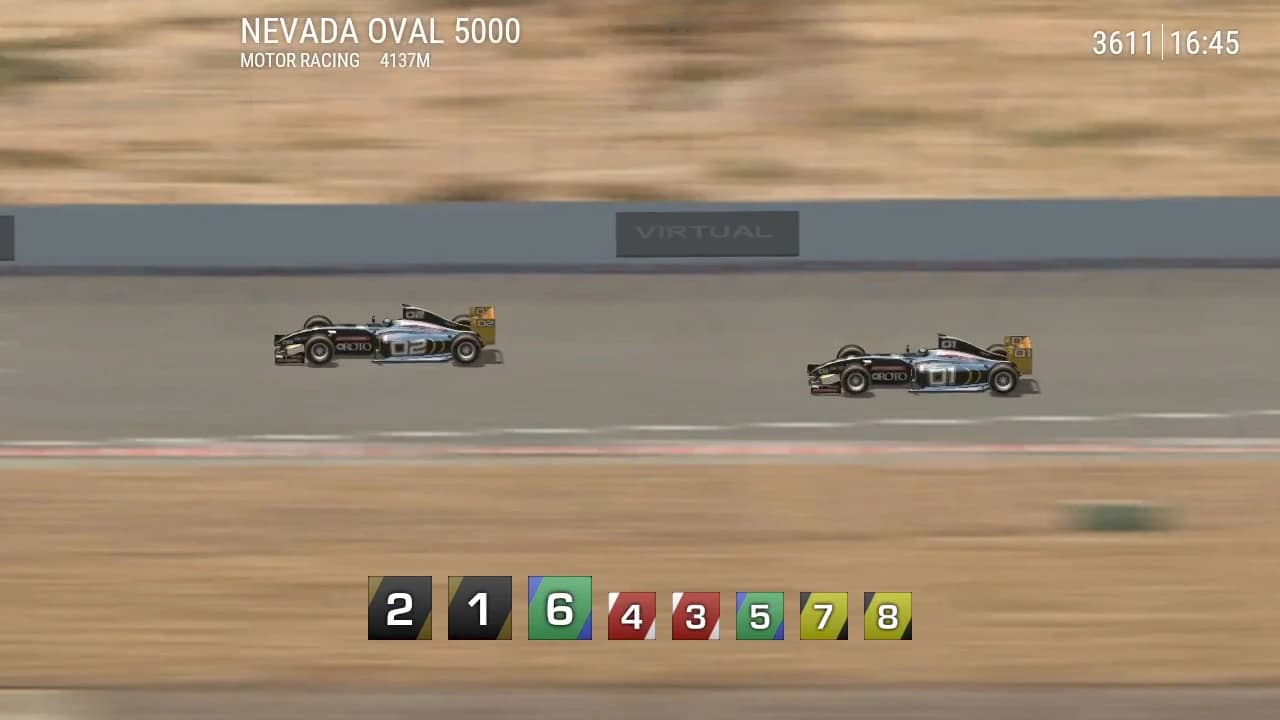 Single Seater MR: two single-seater cars on a desert circuit, with the car numbers listed below.